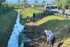 Due  operai mandati dal Consorzio per pulire l'enormità di sfalci lasciati sugli argini dei fiumi versiliesi: lo sconcerto di Emanuele Ricciardi, costretto da anni a pulire le montagne di sfalci che ostruiscono la sua darsena