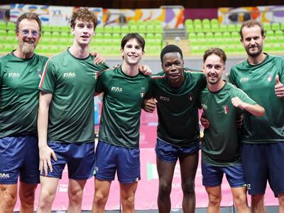 Matteo Mutti dell’ Apuania Carrara Tennistavolo in nazionale  nella semifinale con la Francia ai Giochi del Mediterraneo di Taranto