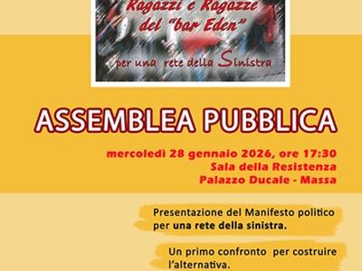 L'associazione Ragazzi e ragazze del Bar Eden presenta il suo manifesto politicoil 28 gennaio a palazzo Ducale di Massa
