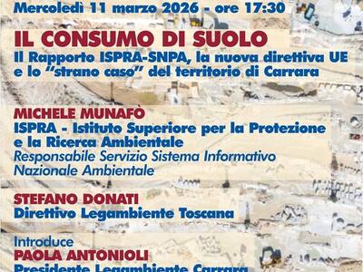 Conferenza sul consumo di suolo organizzata da Legambiente Carrara  a Palazzo Binelli l'11 marzo