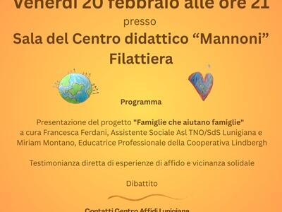 Venerdì 20 febbraio, a Filattiera, un incontro pubblico per approfon-dire i temi dell’affido familiare e della vicinanza solidale, con il contributo di esperti e testimonianze dirette