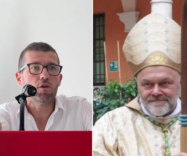 Il vescovo Vaccari e il segretario provinciale della Cgil Del Vecchio, vicini, in curva Nord per Carrarese Spezia: i molti dubbi del consigliere Bernardi sulla nuova "strana coppia" mai vista prima allo stadio